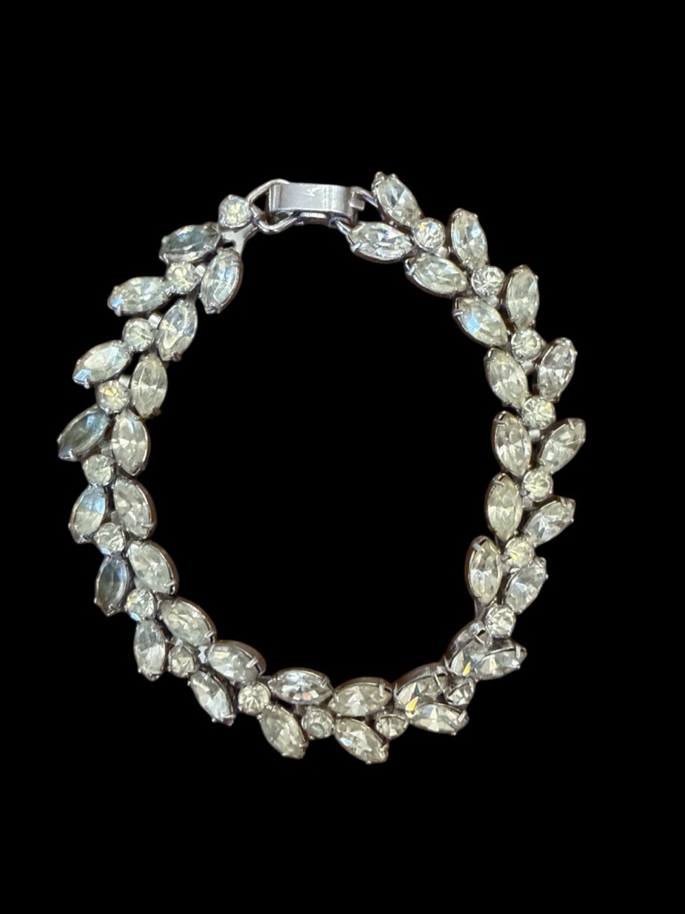 Vintage Krementz Silver Rhinestone Leaf Wreath Bracelet Marquise Crystal